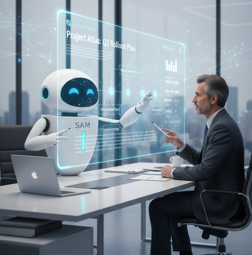 Asistente Ejecutivo IA ayudando a un CEO con un proyecto