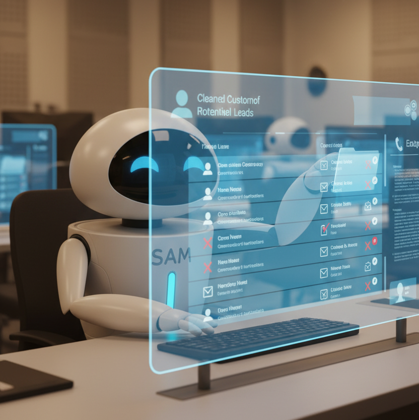 Agente de IA limpiando una lista de leads en un back office